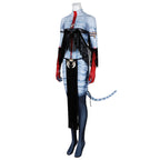 Three-quarter view of the Varang cosplay outfit showing the red center stripe, black fringe and curved blue tail