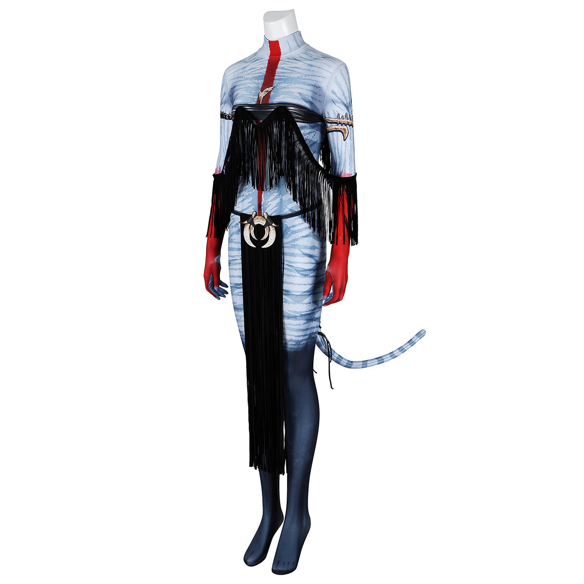 Three-quarter view of the Varang cosplay outfit showing the red center stripe, black fringe and curved blue tail