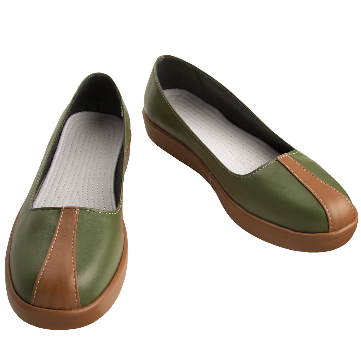 Opposite three-quarter view of the Iroh olive green shoes showing the rounded toes and contrast stitching