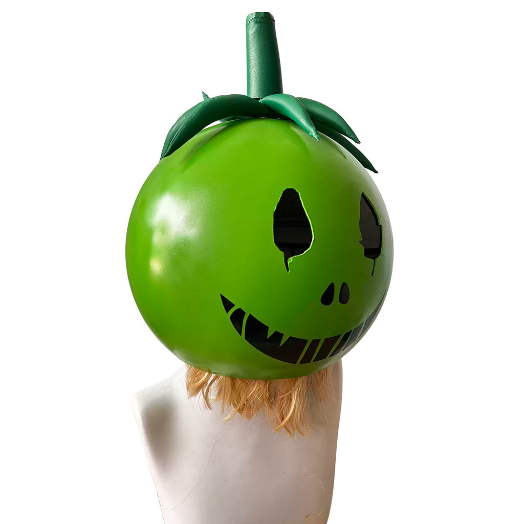 Three-quarter view of the Yumero Osuzuki green headpiece showing the eye cutouts and wide black smile