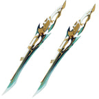 Two Fei Xiao green, white and gold-colored blade-shaped cosplay props displayed side by side