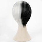 Back view of the Divus Crewel short wig showing the black and white divide and tapered nape ends