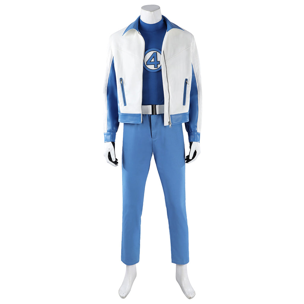 Mister Fantastic costume shown from the front without boots, with an open white jacket and blue trousers