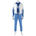 Mister Fantastic costume shown from the front without boots, with an open white jacket and blue trousers