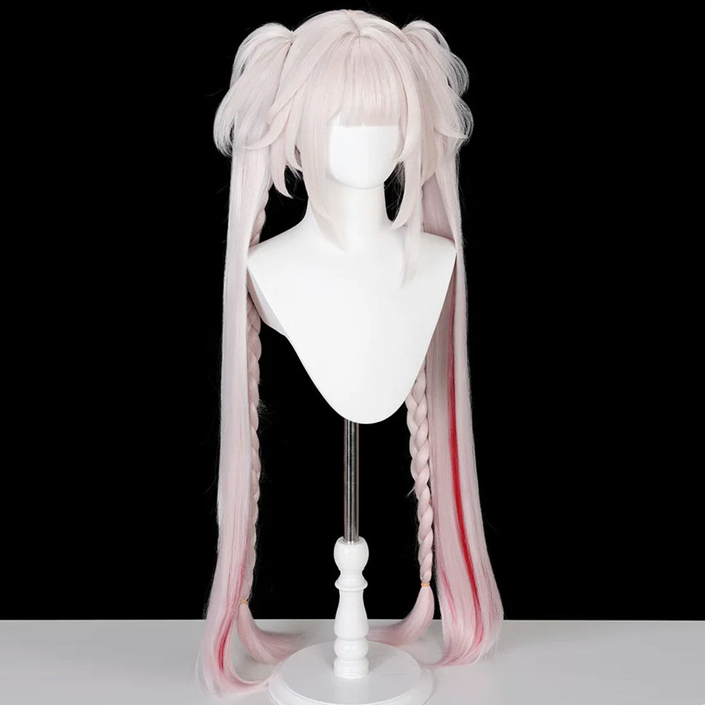 Opposite angled view of the Sparxie pink twin-tail wig showing face-framing strands and long braids