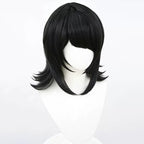 Opposite angled view of the Mukuro Ikusaba wig showing long pointed front strands and flipped black side layers
