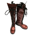 Top-down angled view of the Lady brown cosplay boots showing tall tongues, black lace bows and rounded toes