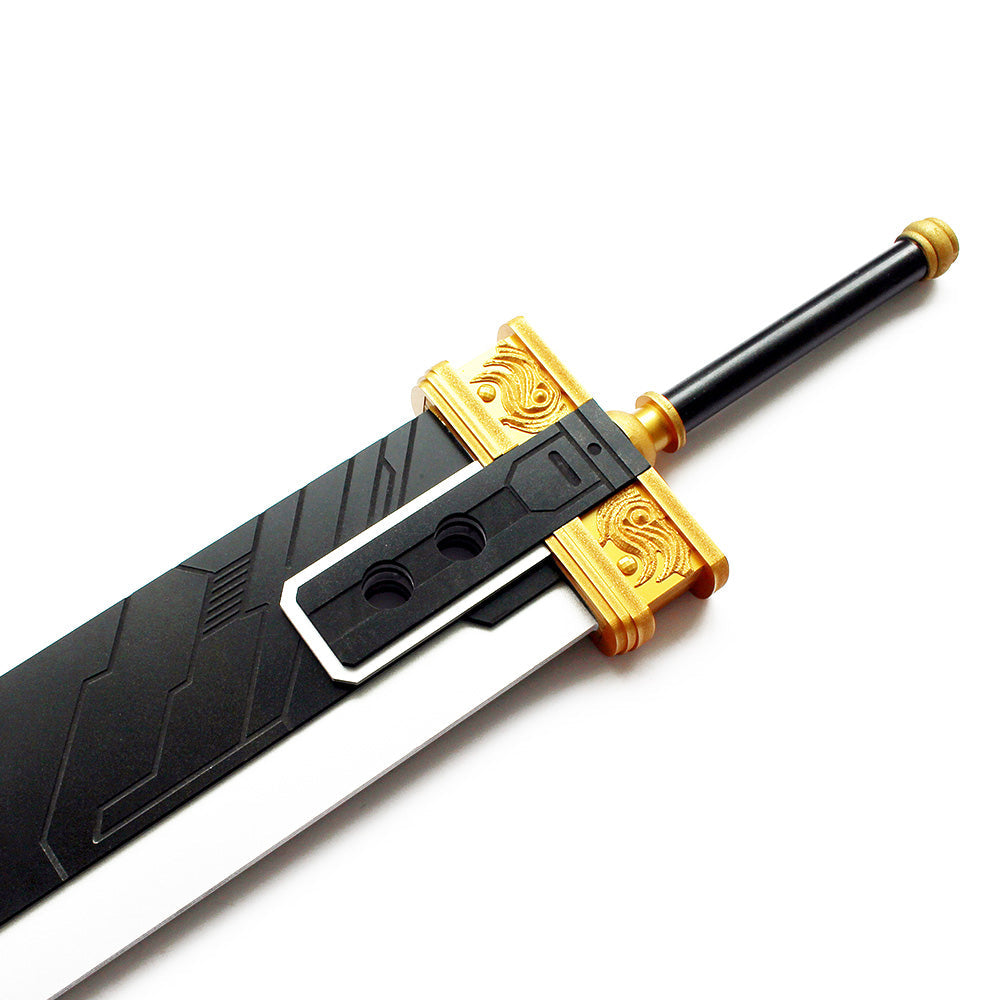 Close-up of the Final Fantasy VII sword prop showing the patterned gold-colored guard, black handle and blade base