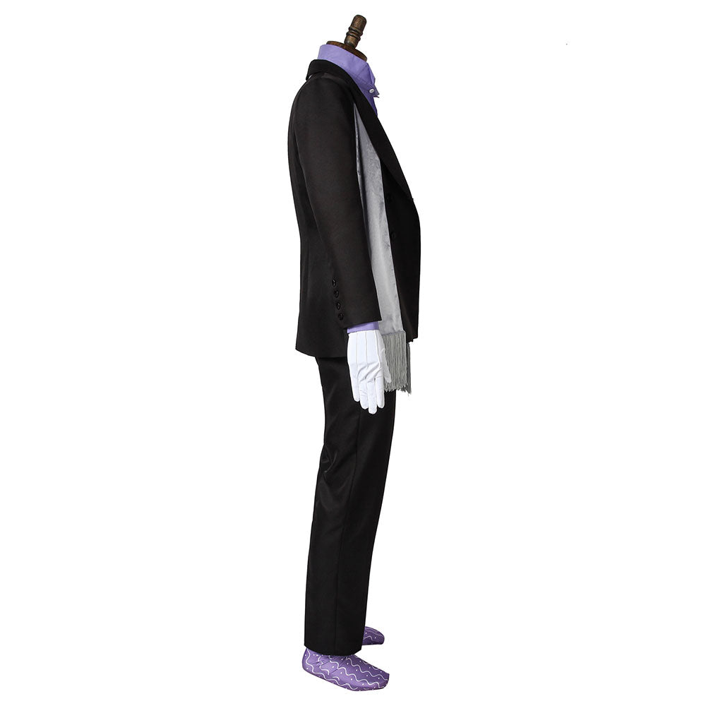 Side view of the Floyd Leech black jacket and trousers showing sleeve buttons and the hanging fringed scarf