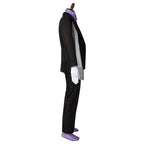 Side view of the Floyd Leech black jacket and trousers showing sleeve buttons and the hanging fringed scarf