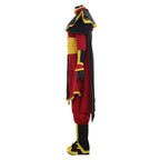 Side view of the Zuko costume showing layered shoulder panels, a long cape and black-and-gold leg coverings