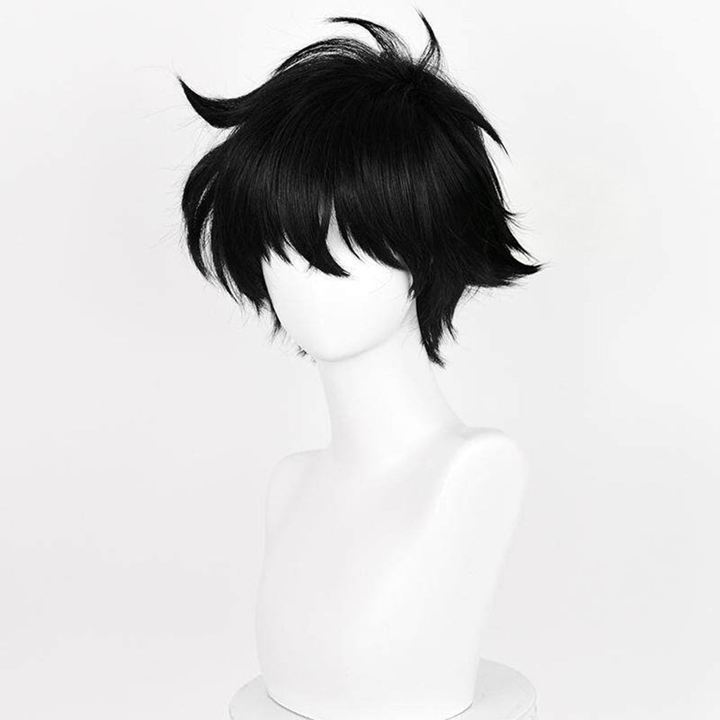 Opposite angled view of the Kid the Phantom Thief black wig showing outward side spikes and short layered ends