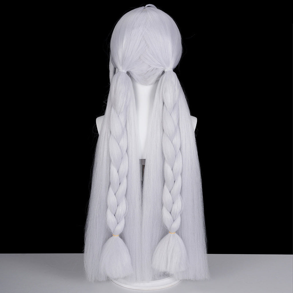 Back view of the Velina Airgid white wig showing two low ponytails with braids over long loose hair