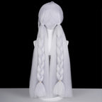 Back view of the Velina Airgid white wig showing two low ponytails with braids over long loose hair