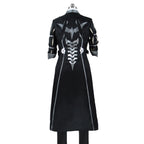 Back view of the Eizen black cosplay coat showing a large silver-gray emblem and long vertical trim