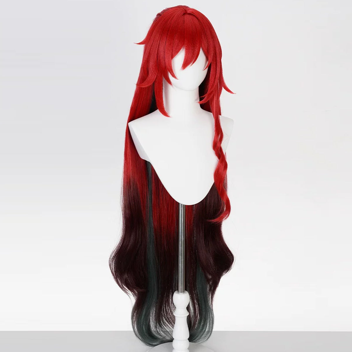 Opposite angled view of the Himeko Nova wig showing red face-framing layers fading into dark burgundy lengths