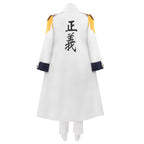 Back view of the Aokiji Kuzan white admiral coat with black justice characters and yellow fringed epaulettes