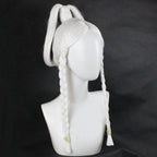 Opposite side view of the Princess Yue white wig showing the looped ponytail and long front braids