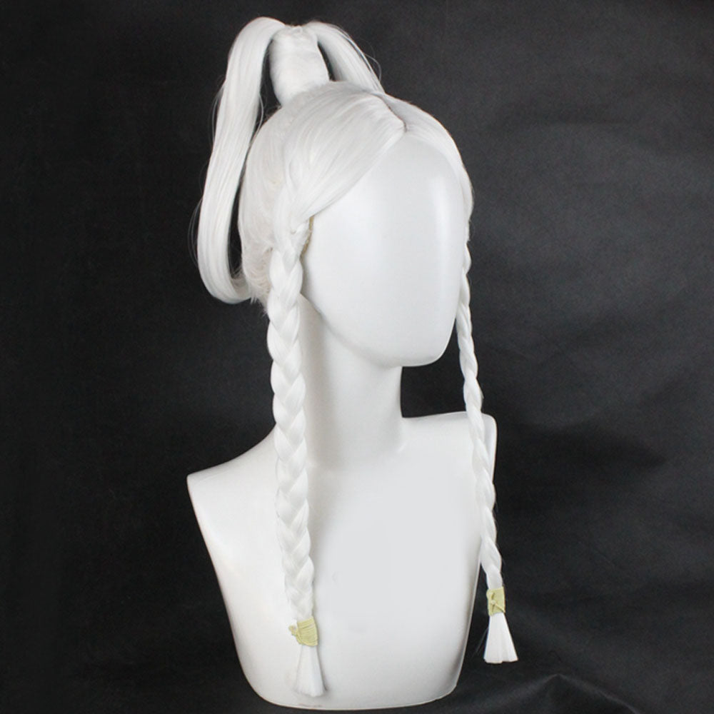 Opposite side view of the Princess Yue white wig showing the looped ponytail and long front braids