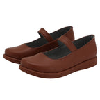 Three-quarter view of the Ty Lee brown shoes showing the broad toe shape and matching instep straps