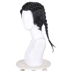 Side view of the Earth-42 Miles Morales wig with short black layers and a long braid tied with a gold-colored band