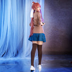 Rear model view of the Doki Doki Literature Club school uniform showing the brown blazer back and blue skirt pleats
