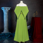Back view of the Keyleth evening dress with a pointed split capelet and long green skirt