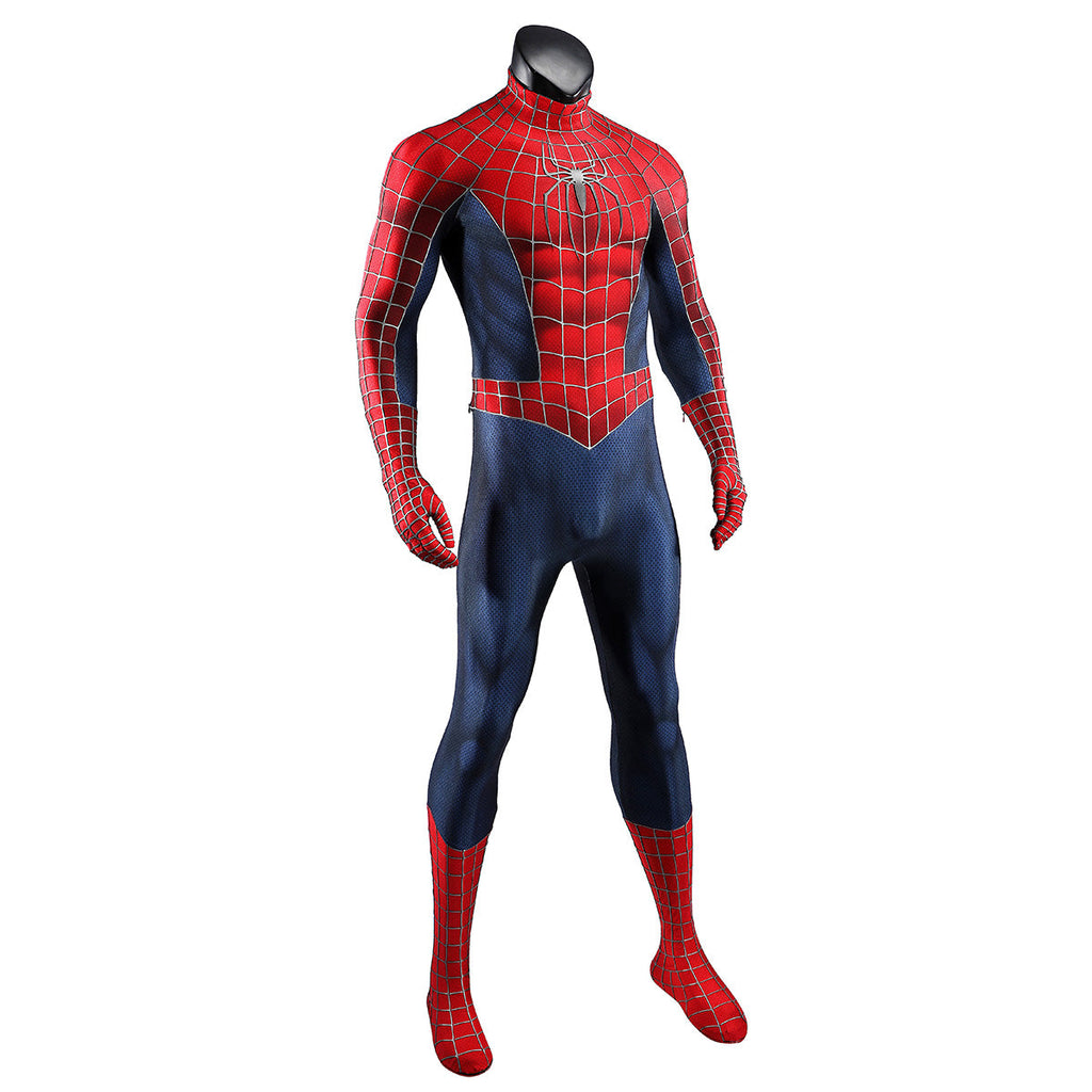 Three-quarter front view of the 2002 Spider-Man suit showing raised web lines and navy side panels