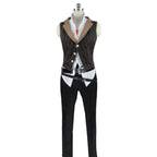 Eizen cosplay outfit displayed without the coat, showing the striped vest, white shirt, belts and black trousers