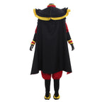 Back view of the Zuko costume showing the long black cape and gold-edged shoulder panels