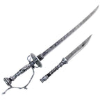 Lady Maria long sword and short dagger cosplay props displayed side by side with ornate silver-colored patterns