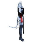 Side view of the Varang bodysuit with red gloves, black arm fringe and a blue tail wrapped with black cords