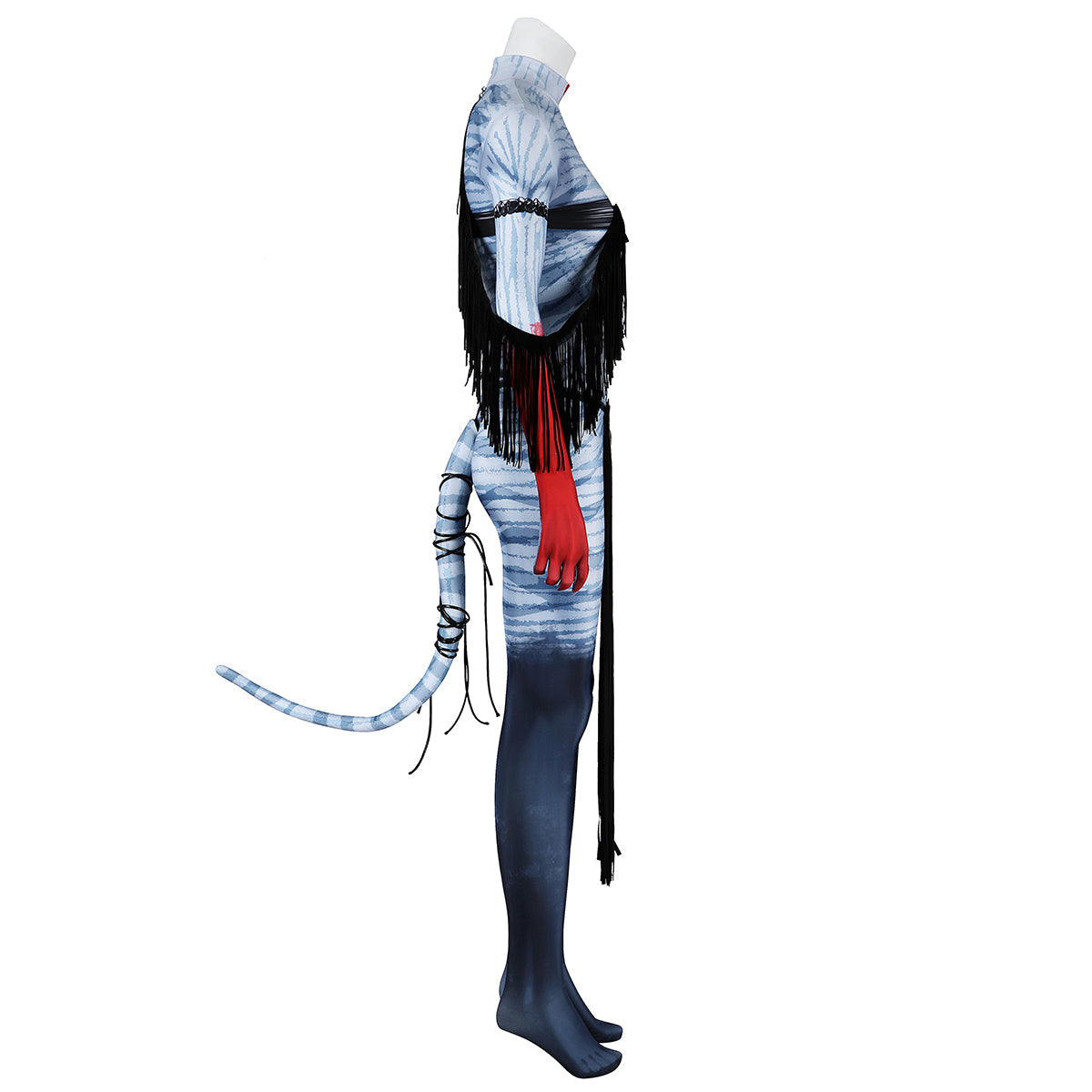 Side view of the Varang bodysuit with red gloves, black arm fringe and a blue tail wrapped with black cords
