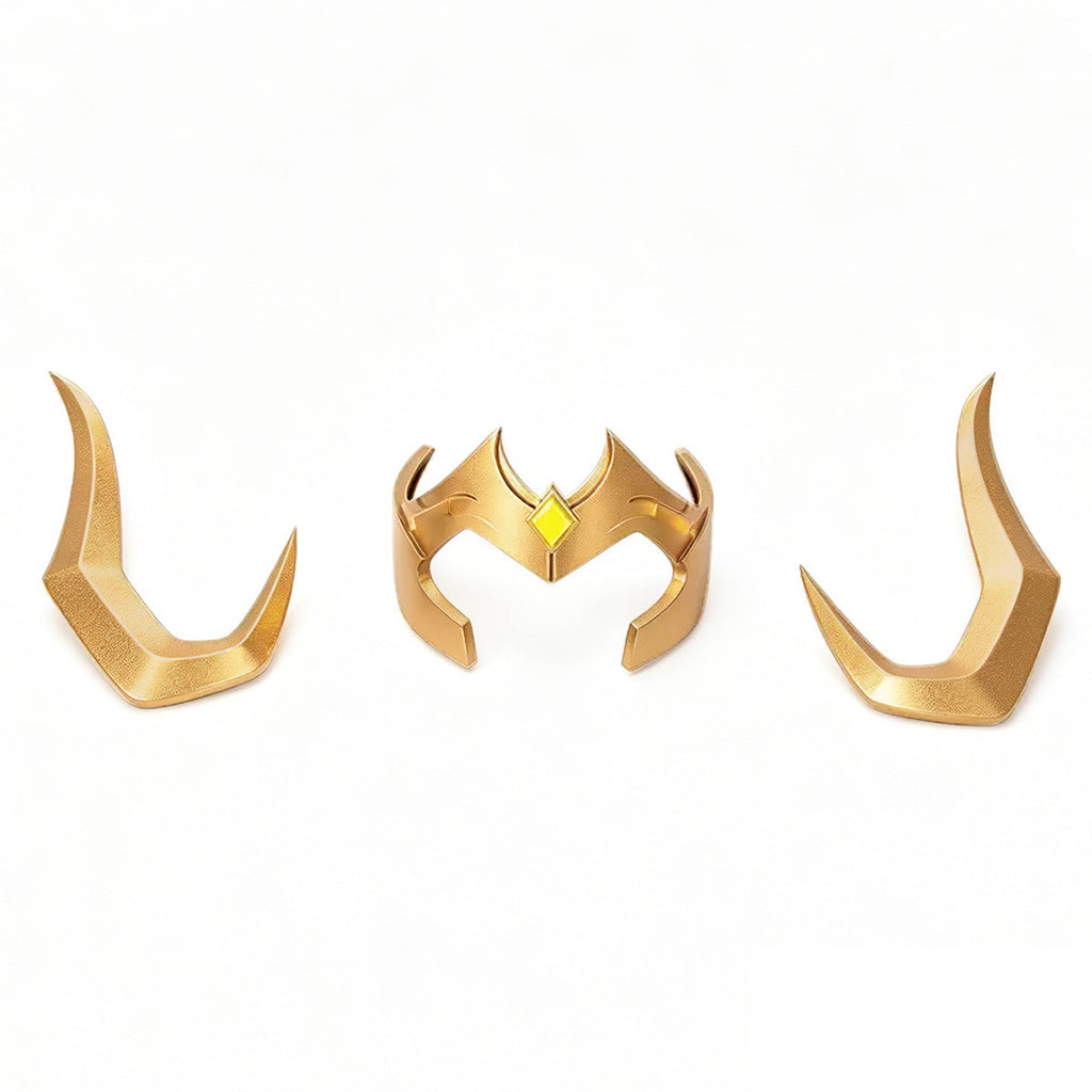 Loki Presidential Attire cosplay headpiece and two separate gold-colored horn pieces laid out on white