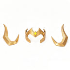 Loki Presidential Attire cosplay headpiece and two separate gold-colored horn pieces laid out on white
