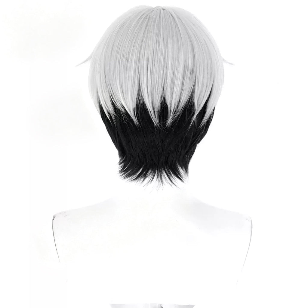Back view of the Mizuki cosplay wig showing light gray upper layers over a short black nape section
