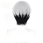 Back view of the Mizuki cosplay wig showing light gray upper layers over a short black nape section