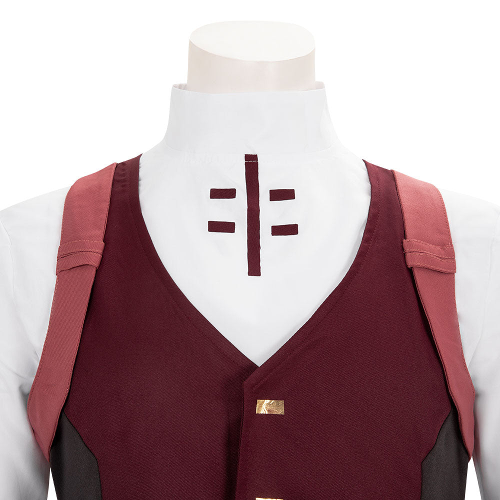 Close-up of the Falco white stand collar with burgundy markings above the vest and shoulder straps