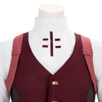 Close-up of the Falco white stand collar with burgundy markings above the vest and shoulder straps
