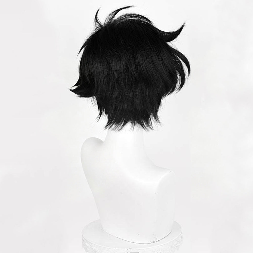 Back view of the Kid the Phantom Thief black wig showing swept crown spikes and tapered layers at the nape