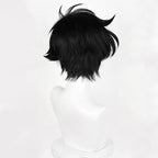 Back view of the Kid the Phantom Thief black wig showing swept crown spikes and tapered layers at the nape