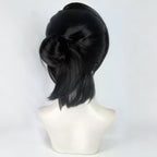 Back view of the Inako Momokawa black wig with an asymmetric looped bun and loose curved ends at the nape