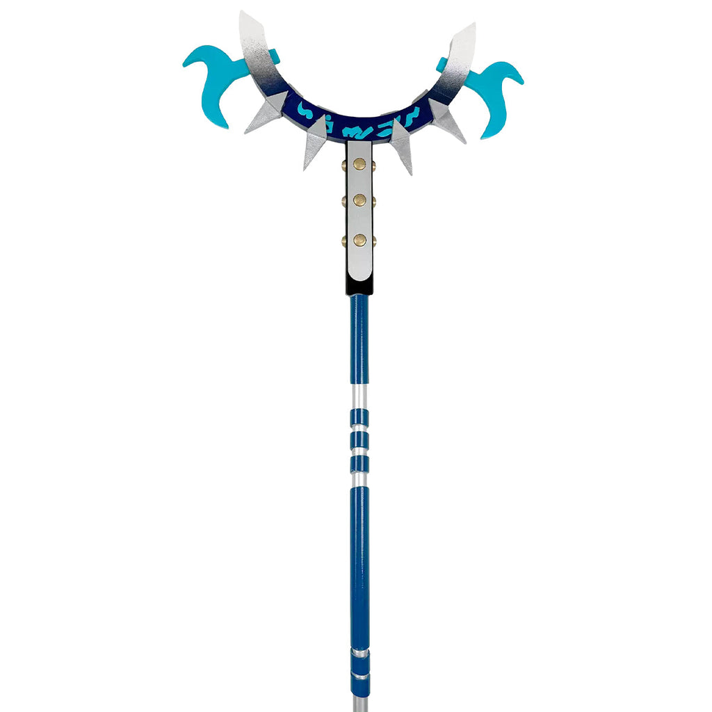 Front detail of the Zanka cosplay fork showing the curved head and blue handle with silver bands