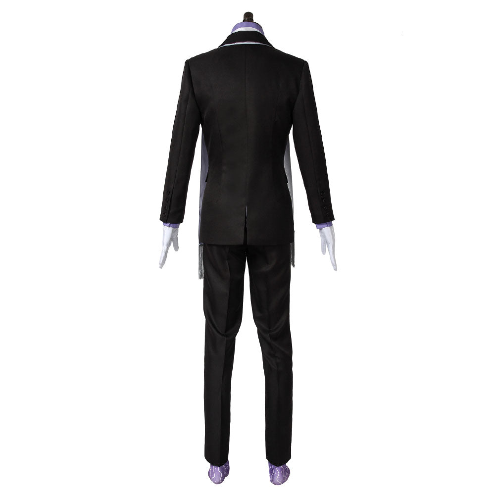 Back view of the Floyd Leech cosplay suit showing the jacket center vent and straight black trousers