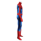 Side view of the Peter Parker red and blue cosplay bodysuit showing the web-patterned sleeve and lower leg