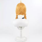 Back view of the Gabu-chan golden wig showing swept hair sections meeting two braids at the nape