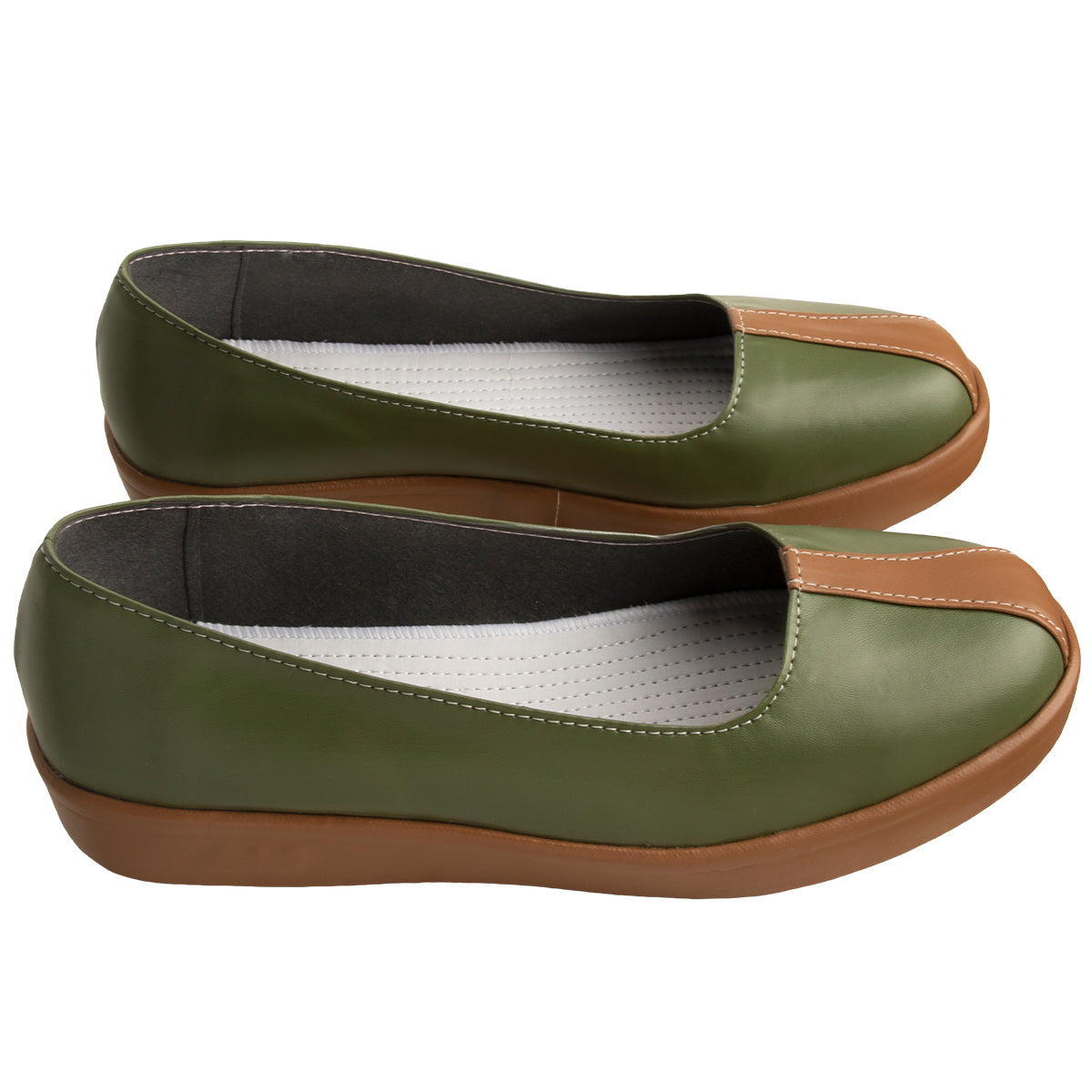 Side view of the Iroh olive green slip-on shoes showing the low profile and brown sole edges
