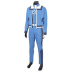 Three-quarter view of the Human Torch blue costume showing the open jacket and dark blue trouser panels