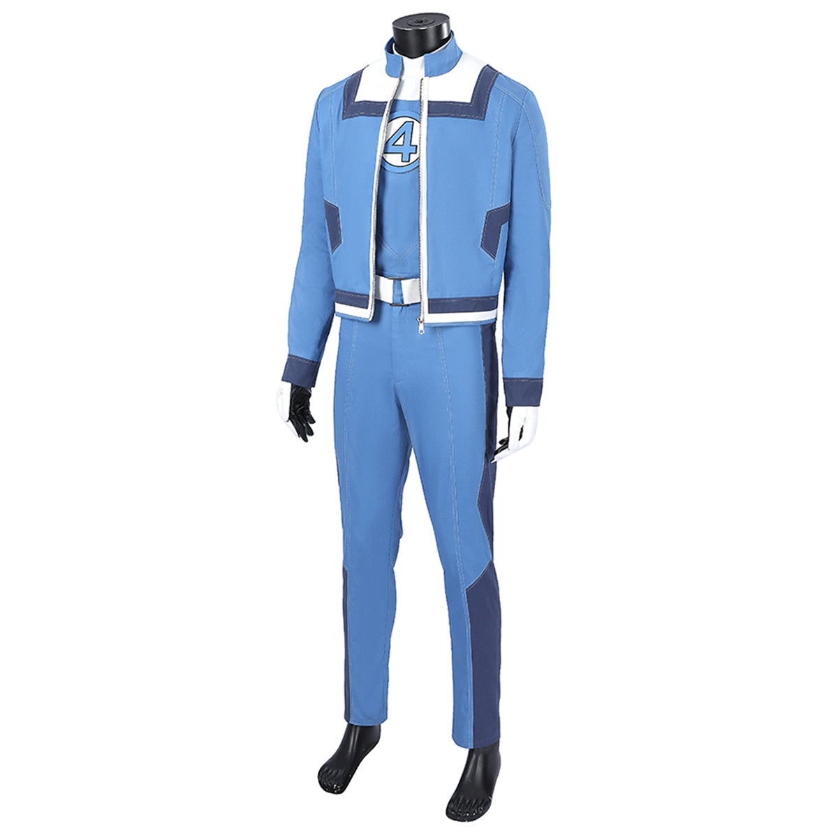 Three-quarter view of the Human Torch blue costume showing the open jacket and dark blue trouser panels