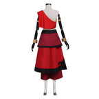 Back view of the Katara red one-shoulder top and layered skirt over burgundy cropped trousers
